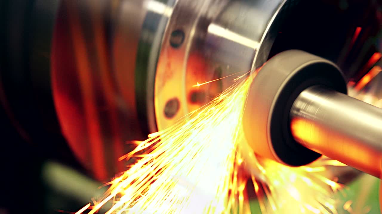 chispas que vuelan mientras la máquina engrana y termina el metal