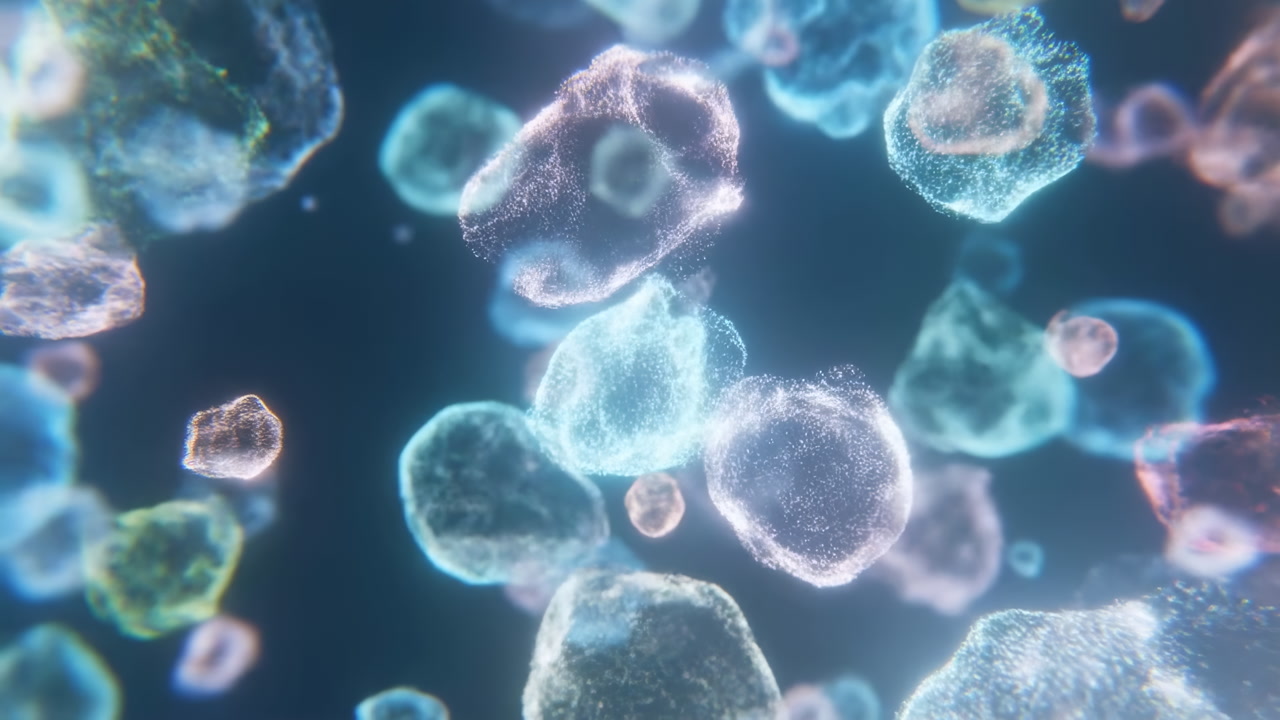 Glowing Microscopic Cells Drifting In Fluid, Neon Pastel Clusters Floating Against Dark Blurred Background,