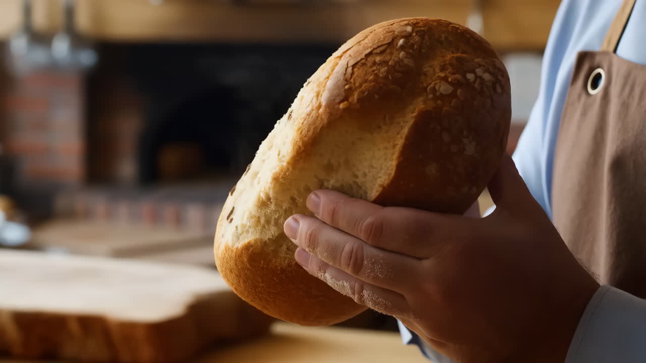 Hands holding a fresh loaf of artisanal bread in a rustic bakery setting