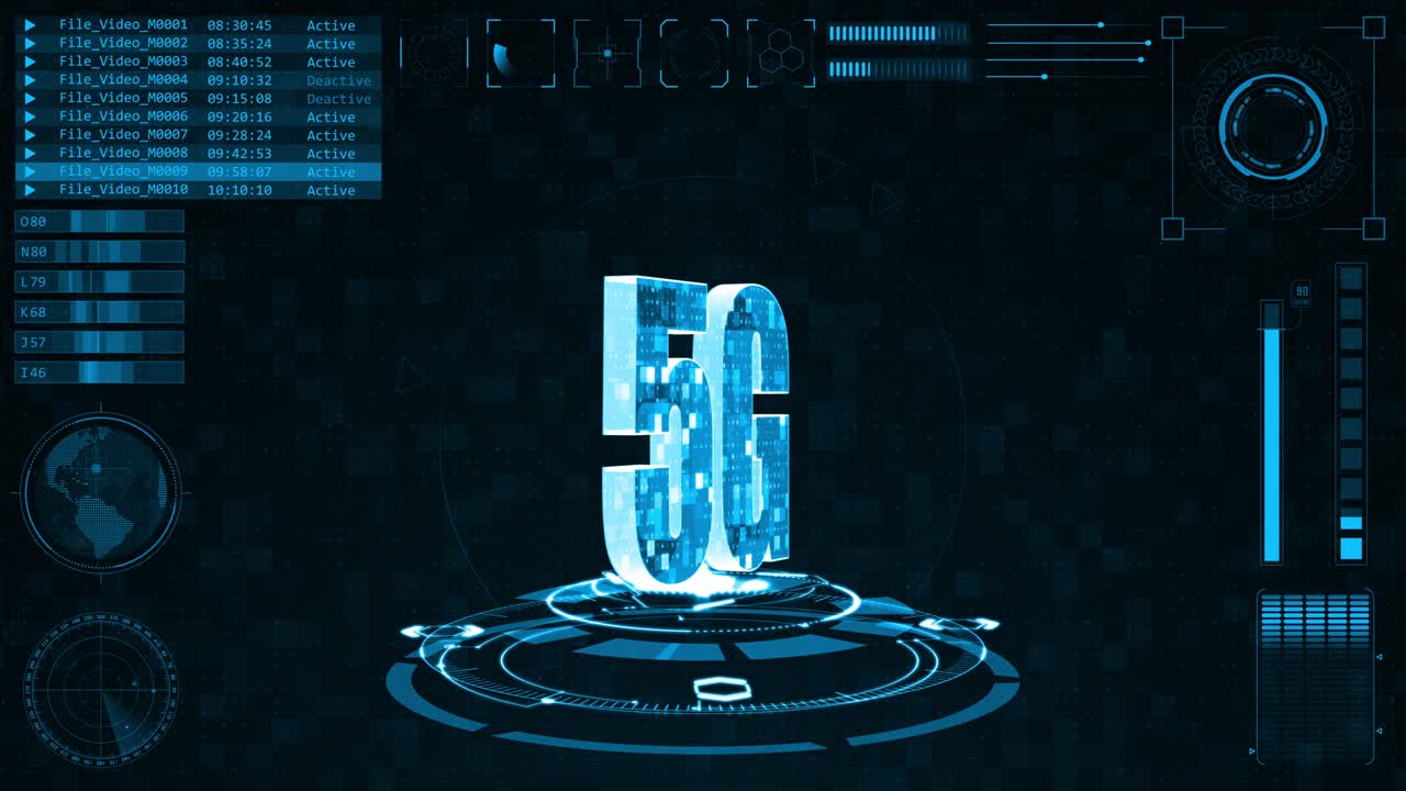 Grafica in movimento della parola 5G blu 3D e tecnologia a cerchio rotante con sfondo astratto HUD