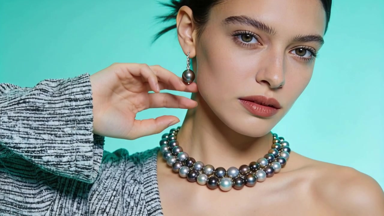 Modella che si sistema un orecchino pendente di perle in uno studio color verde acqua, mostrando un choker e un top in maglia grigia