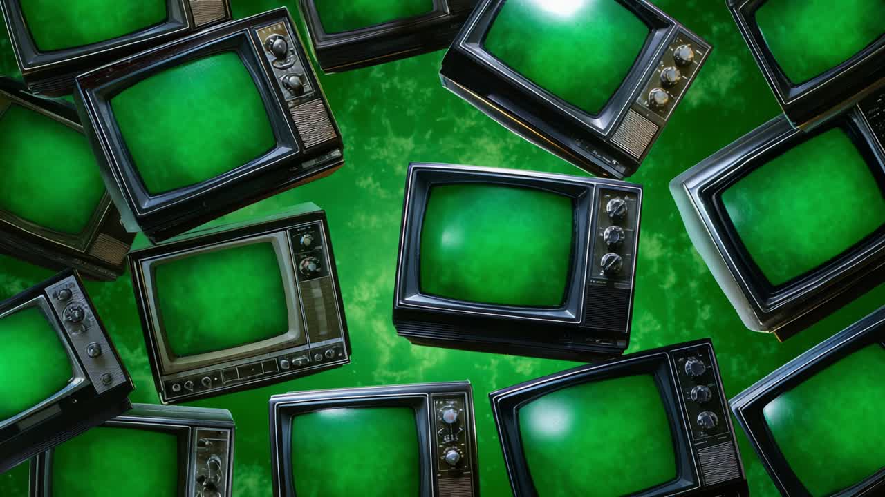 A Dynamic Collection of Vintage Televisions Displaying a Striking Green Screen Background, Showcasing an Artistic Arrangement with Retro Design Elements in Various Angles and Perspectives