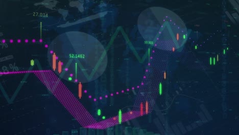 animación de gráficos y datos financieros que se mueven en pantalla oscura