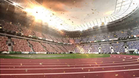 animation of colorful confetti falling against view of sports stadium