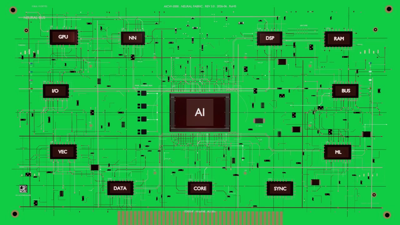 Zooming, sparking AI module lighting traces, camera pulling back showing labels on transparent PCB