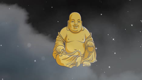 animation of buddha statue over snow falling and clouds