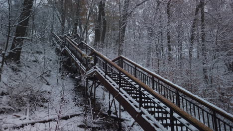 light snow falling in a wide establishing shot looking up at a snow covered staircase in glen stewart ravine