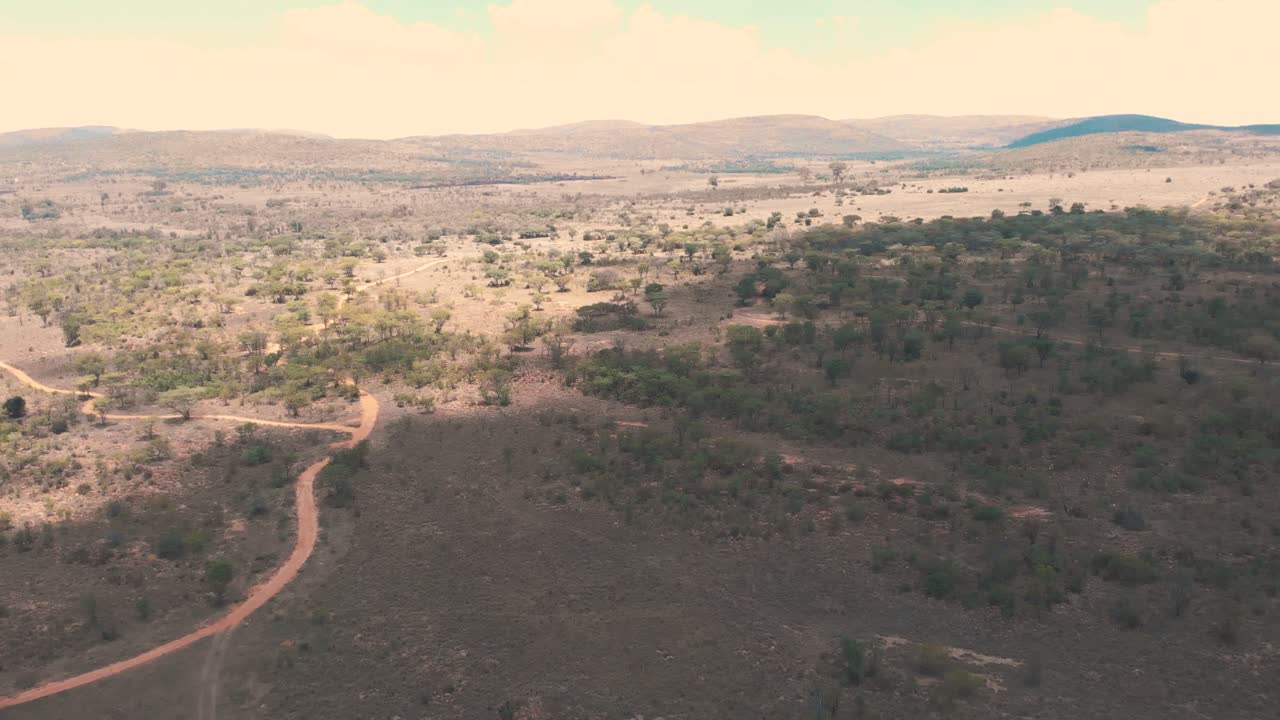 Ombre su un vasto paesaggio africano con alberi e strada sterrata, drone