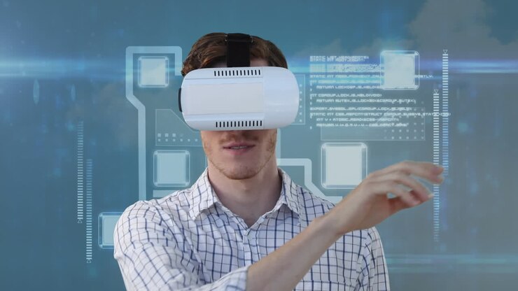 Animazione di uomo caucasico con visore VR su elaborazione dati e cielo