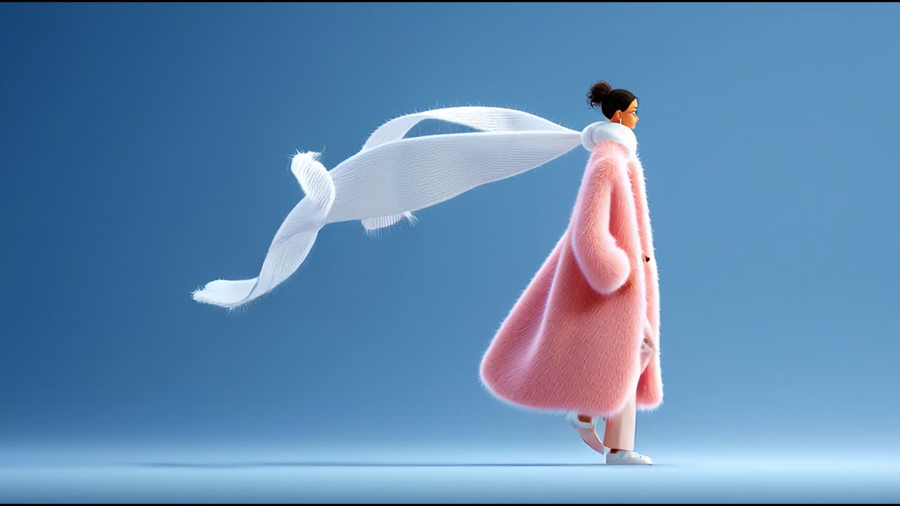 Fashionable figure gracefully striding with a voluminous pink coat and flowing white scarf against a soft blue background, embodying elegance and winter style in motion
