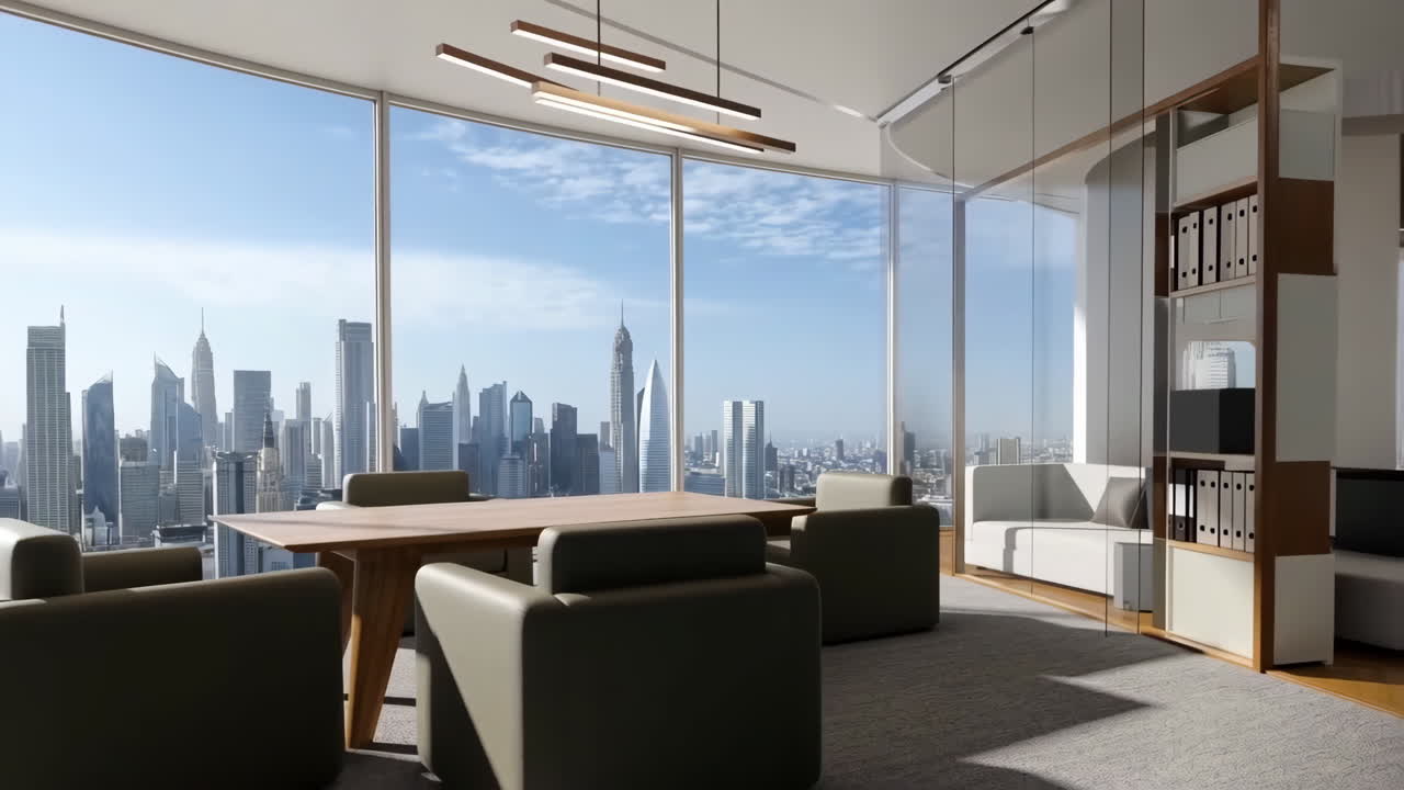 Interni di ufficio moderni con vista sull'orizzonte della città
