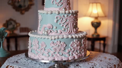 elegant blue and pink tiered cake with ornate decorations