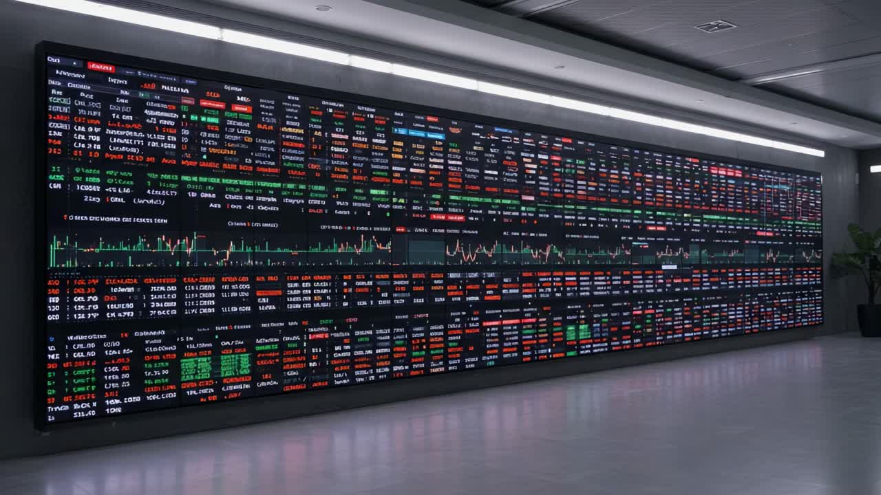 Visualizzazione dinamica dei dati del mercato finanziario: Una rappresentazione visiva dei prezzi delle azioni, del volume di scambi e delle tendenze di mercato catturata in due fotogrammi da una moderna sala di contrattazione.