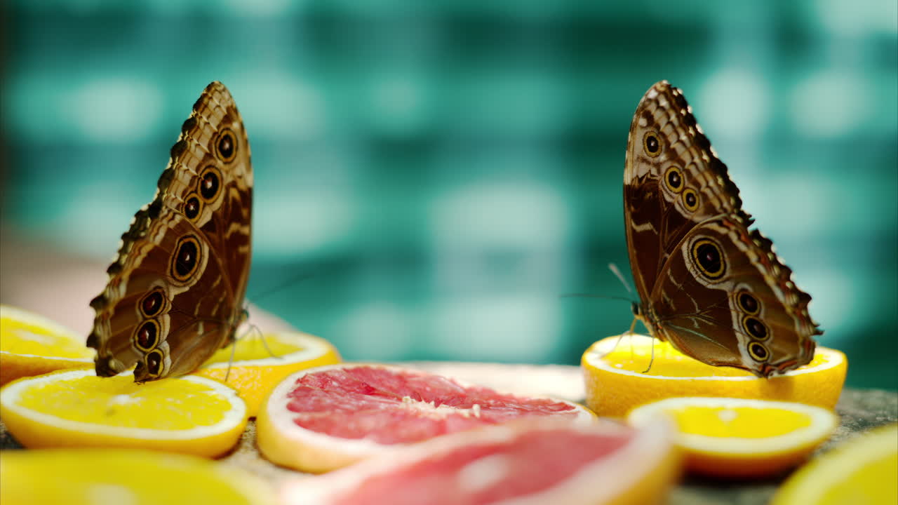 Two Menelaus blue morpho eating nectar from slices of oranges and grapefruits