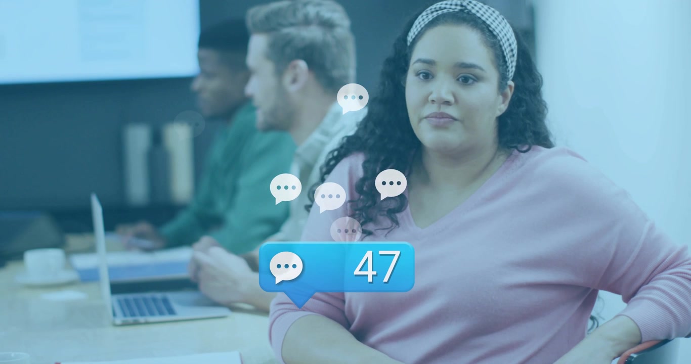 Adult woman starting bubble count overlay over laptops, team typing, listening in business meeting