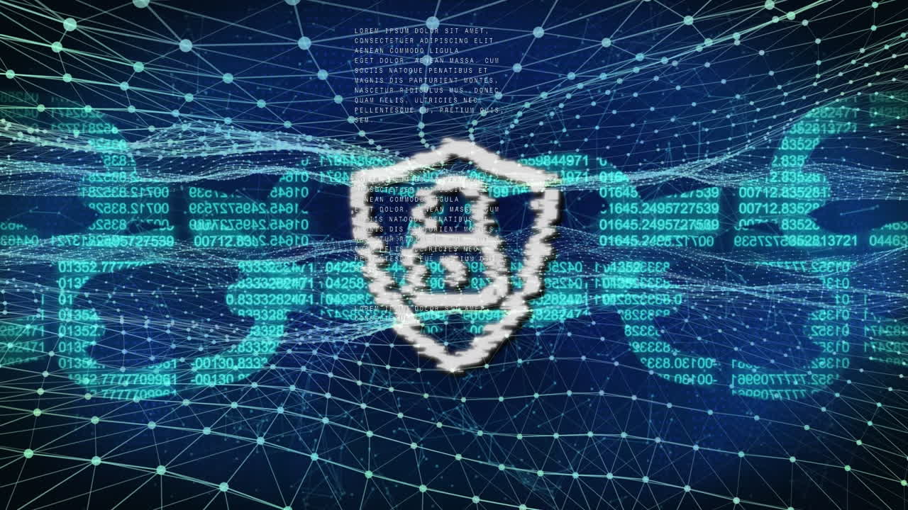 animación de un candado en el escudo, números que forman una cadena de bloques, puntos conectados en un fondo abstracto