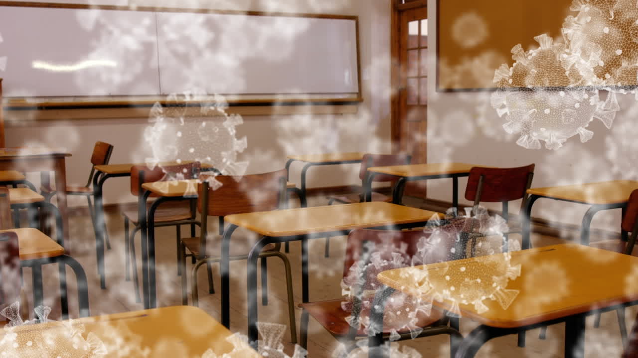 animación de células de coronavirus sobre un aula vacía