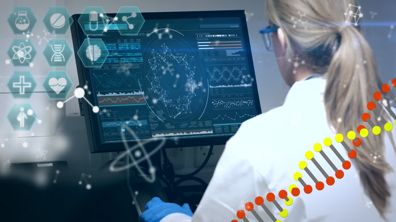 adn y estructuras químicas moviéndose contra la científica usando la computadora