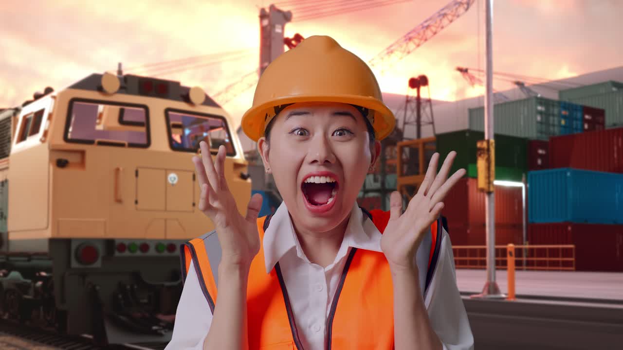 Close Up Of Asian Female Engineer With Safety Helmet Smiling To Camera And Saying Wow With Freight Cargo Train At Port