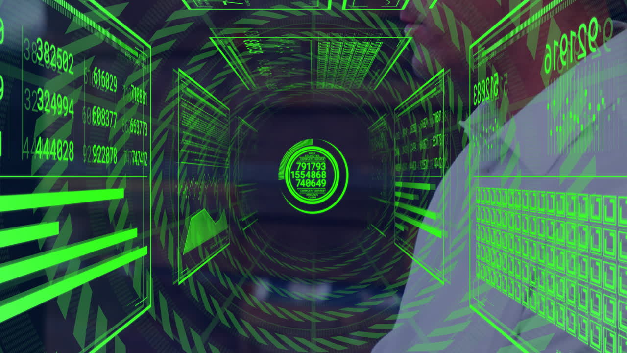 Data analyst interacting with tech control room interface, displaying green holographic data panels