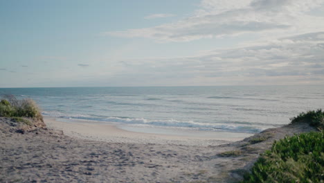 Serene-sandy-beach-with-gentle-waves-and-lush-green-plants-under-a-cloudy-sky