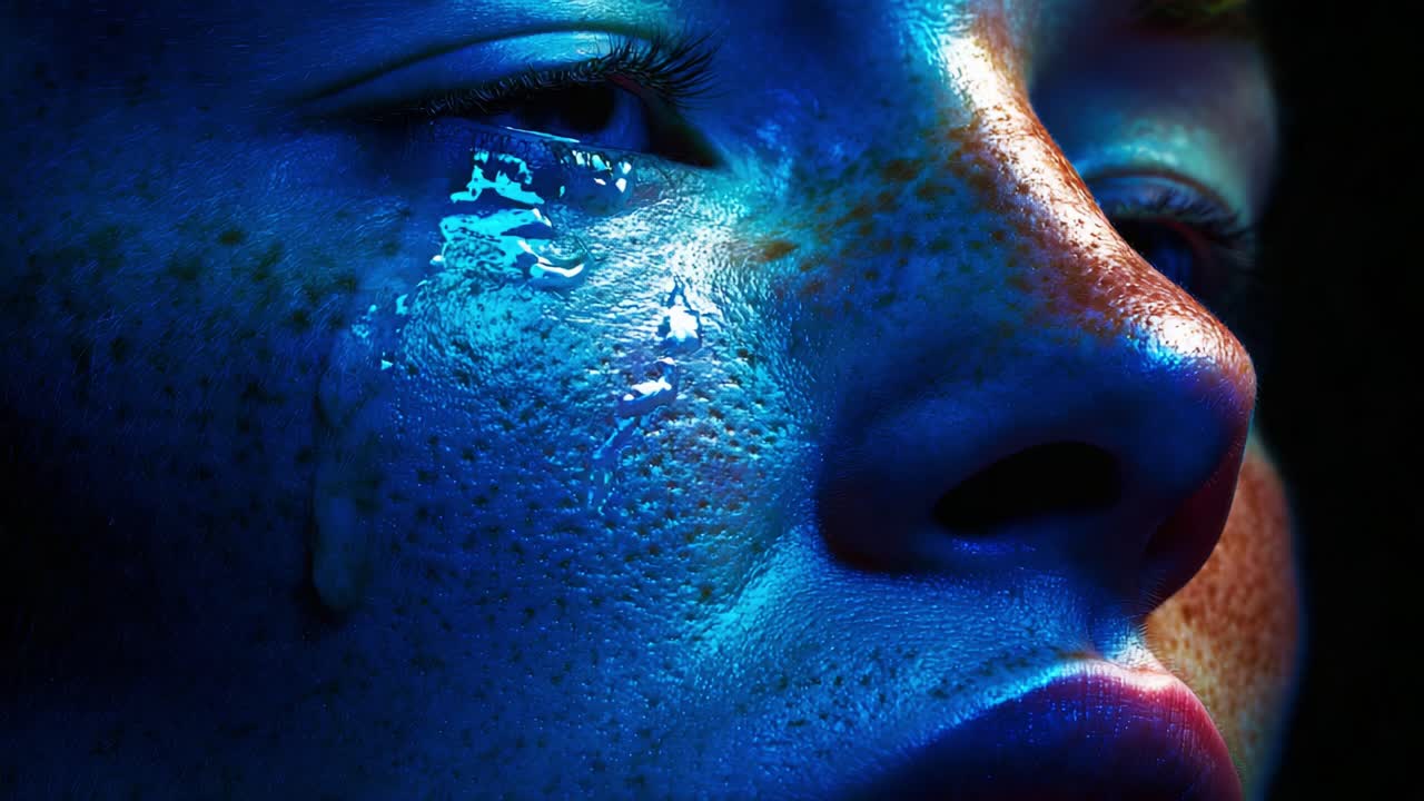 Emotional Expression Captured: A Close-Up of a Face with Tears Reflecting Light, Highlighting Features and Colorful Lighting that Evokes Deep Feelings and Introspection