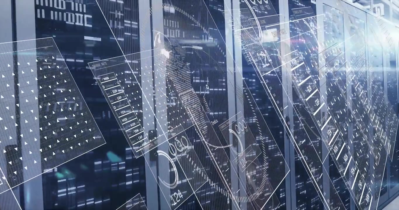 Holographic financial data panels floating near server racks, displaying currency rates with gauges
