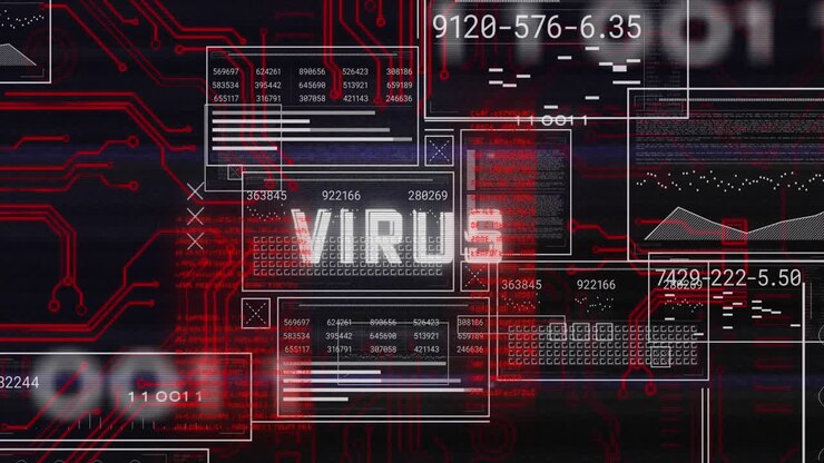 Animation of virus text and data processing on interface screens on black background