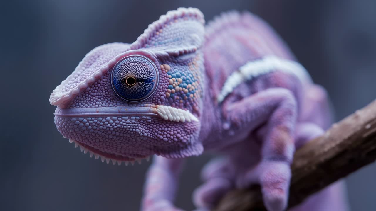 Scanning pastel-purple chameleon rotating eye on brown branch in studio enclosure, textured skin