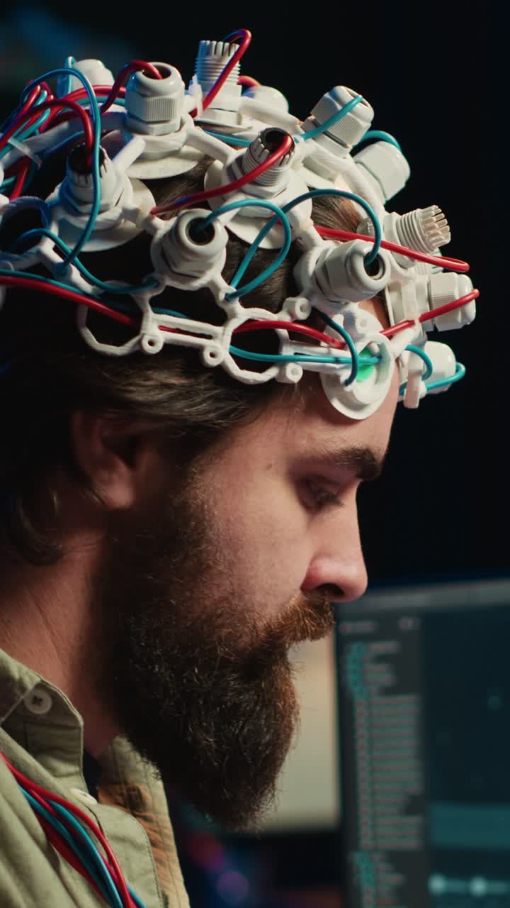 Man Wearing Brain-Computer Interface Headgear for Scientific Research