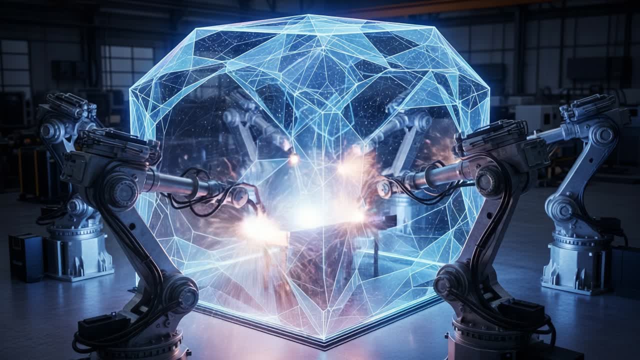 A Captivating Display of Advanced Robotics and Futuristic Technology: Two Robotic Arms Engage in a High-Precision Operation Within a 3D Holographic Framework, Creating Sparks and Demonstrating Modern Manufacturing Capabilities