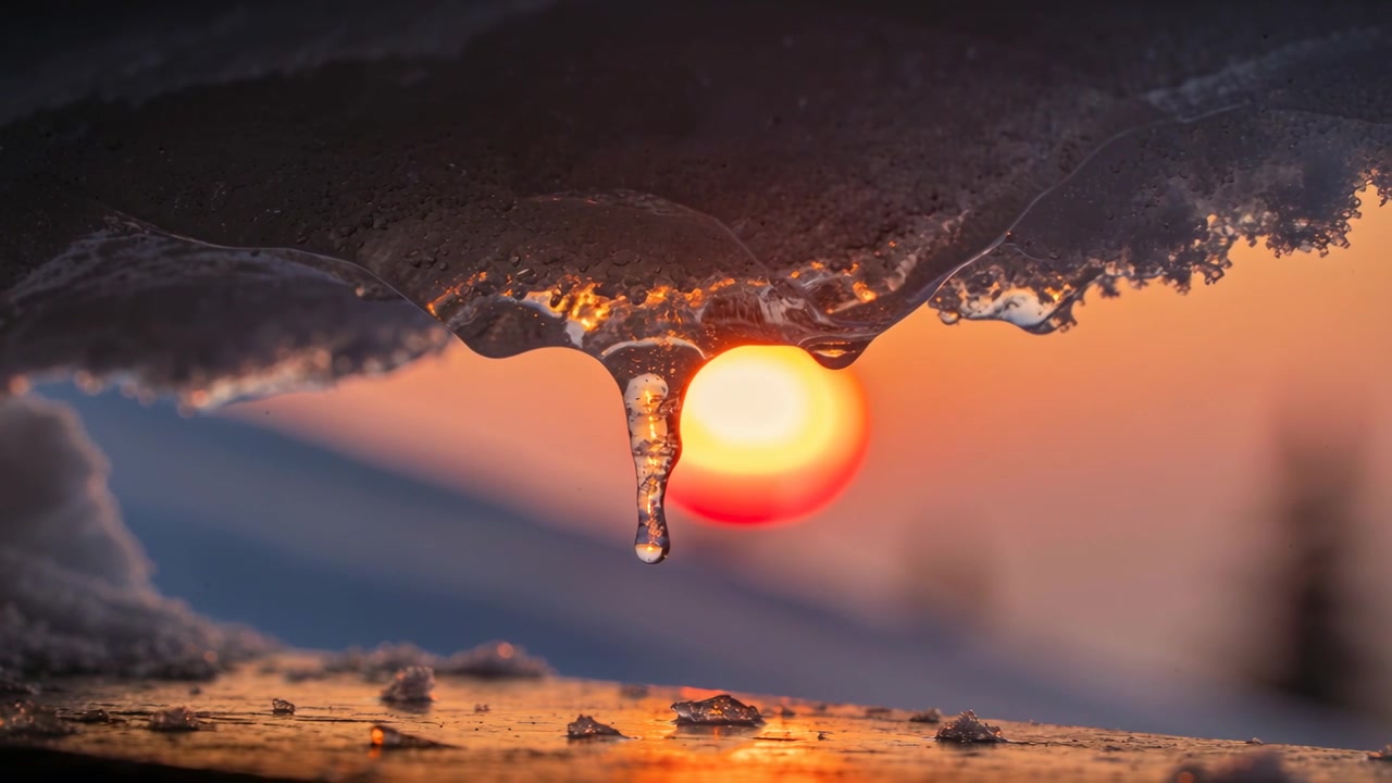 Melting icicle tip forming and elongating clear droplet at mountain edge, sunlight warming ice