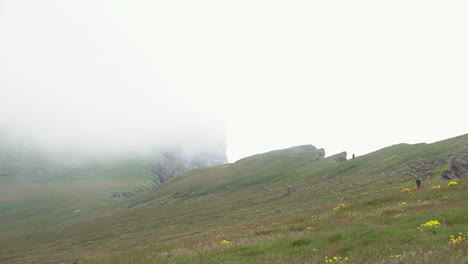 hikers climbing on grassy cliff with foggy view, iceland