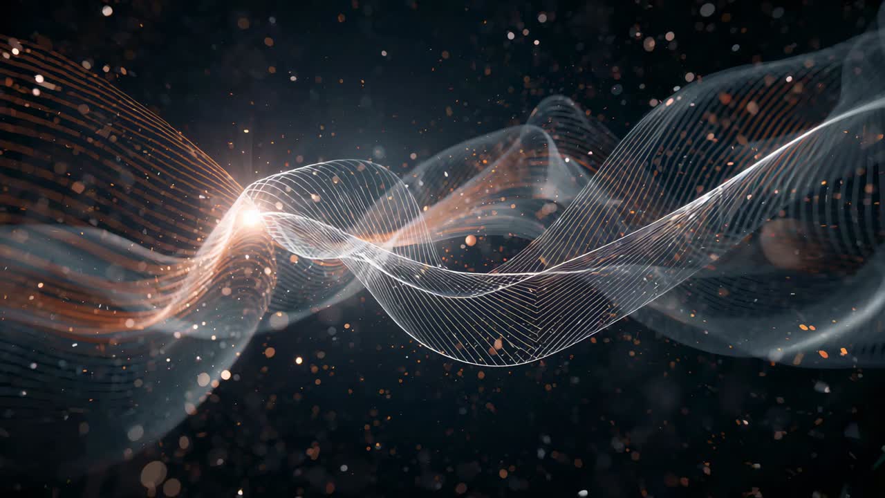 Flowing ribbon mesh rippling across dark field, left orange glow brightening, orbs drifting right