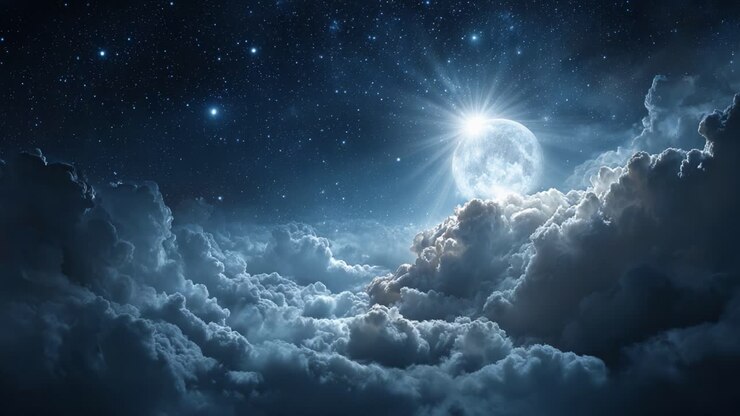 A Majestic Night Sky Illuminated by a Full Moon Over a Sea of Ethereal Clouds Reflecting Cosmic Light and Enveloping Stars in the Vast Universe