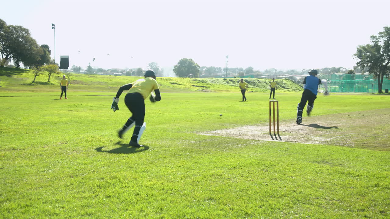 Cricket players in yellow jerseys practicing on sunny field, focusing on teamwork