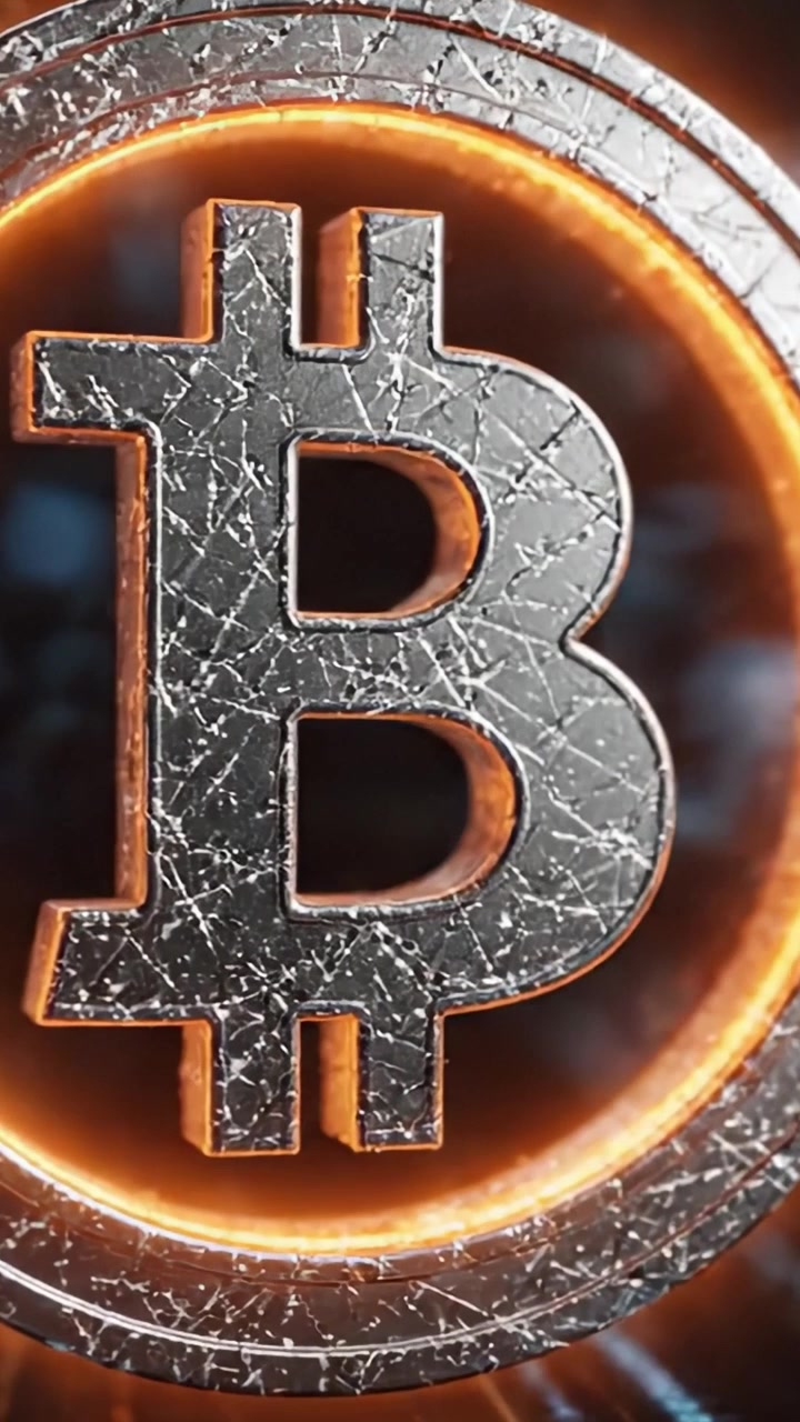 Uma Transformação Visual Deslumbrante do Símbolo do Bitcoin, exibindo sua evolução com texturas vibrantes e efeitos de luz do quadro inicial ao final.
