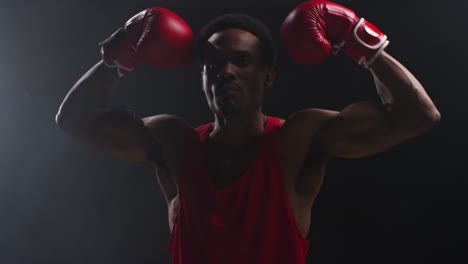 porträt eines boxers, der vor beginn eines boxspiels in den ring tritt, die fans winkt und begrüßt und die brust mit einem handschuh schlägt