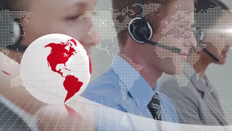 animation of globe and world map over business people wearing headsets