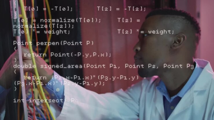Animation af databehandling over en afroamerikansk mand, der arbejder i et serverrum.