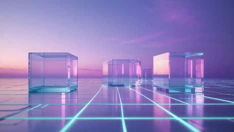 futuristic glass cubes on a neon grid at sunset