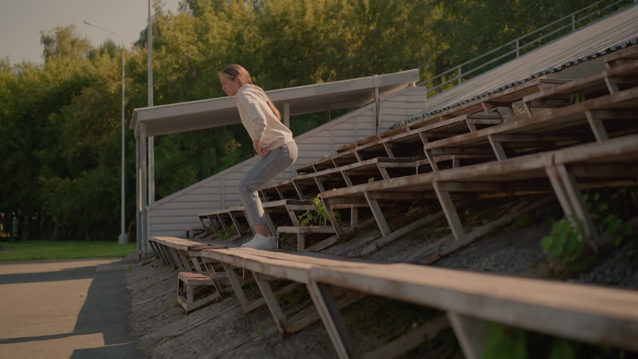 농촌 스타디움의 좌석을 가만히 고 있는 여성, 청바지와 후디를 입고, 편안한 자세로, 배경에는 빈 스타디움 관중석, 전기 기둥, 울창한 녹색 나무가 있습니다.