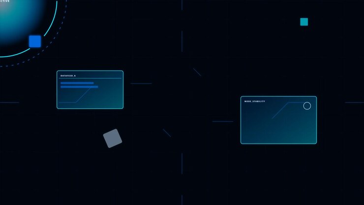 Futuristic Digital Interface with Data Feed and Node Stability Graphs