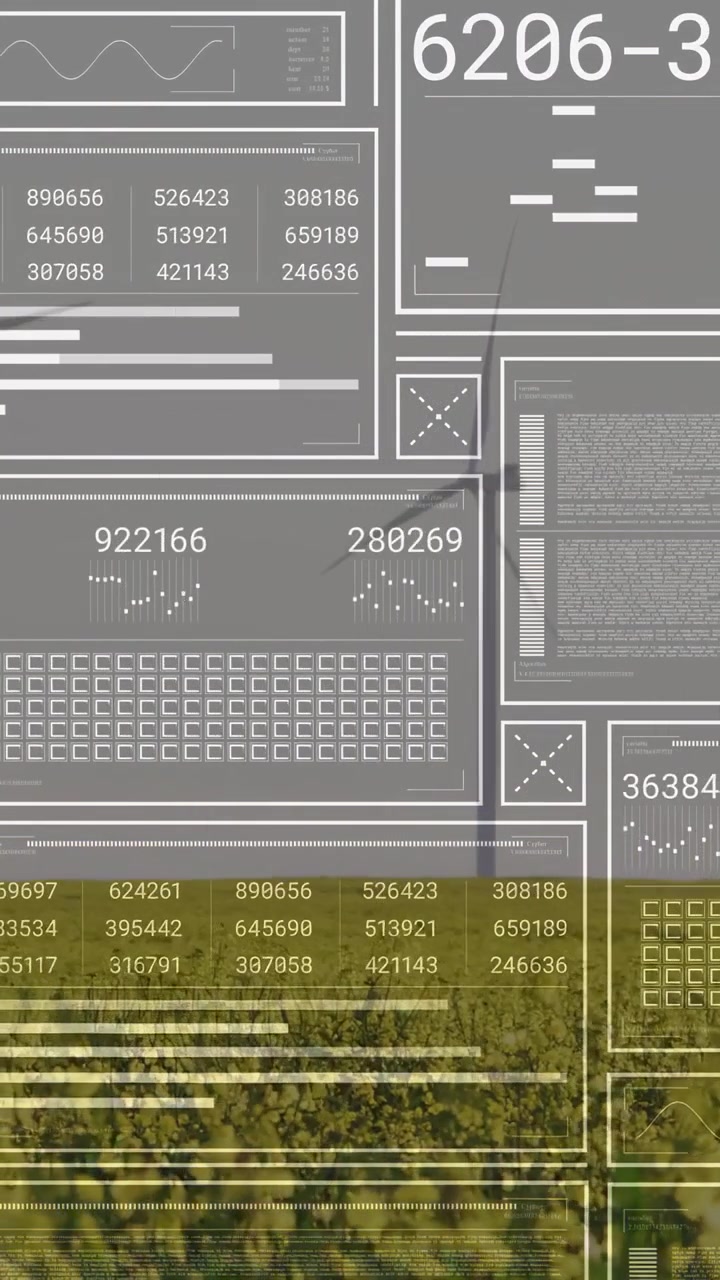 Vertical video: Turbine and yellow crops turning, HUD panels updating from gust, showing telemetry