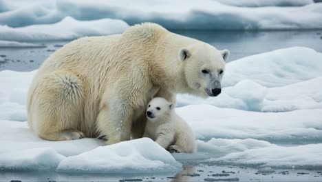 a heartwarming moment between a polar bear and its adorable cub on the icy arctic landscape, showcasing their bond amidst the treacherous environment