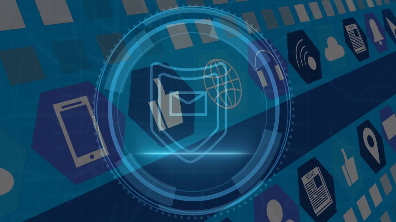 animación de seguridad cibernética y escudo con correo electrónico en círculo sobre iconos en fondo azul