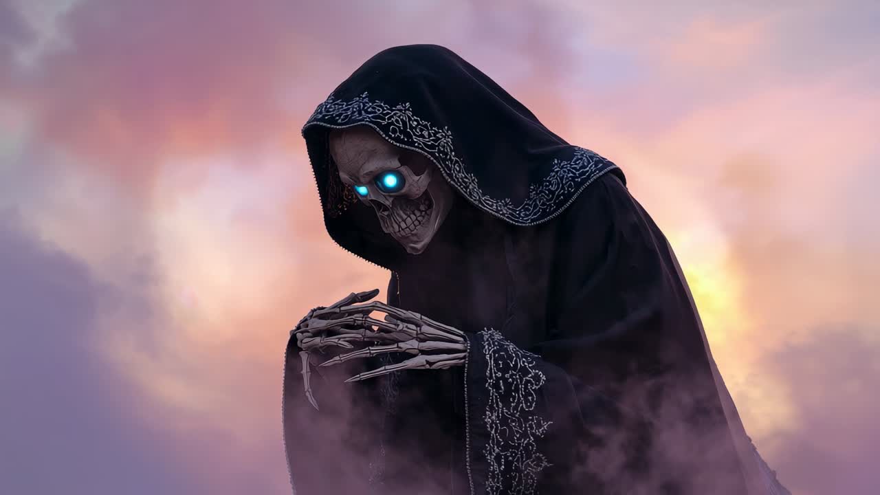 Comienza la escena mostrando a la Parca enfocando unos ojos azules brillantes y juntando las manos frente a un cielo crepuscular con niebla arremolinándose