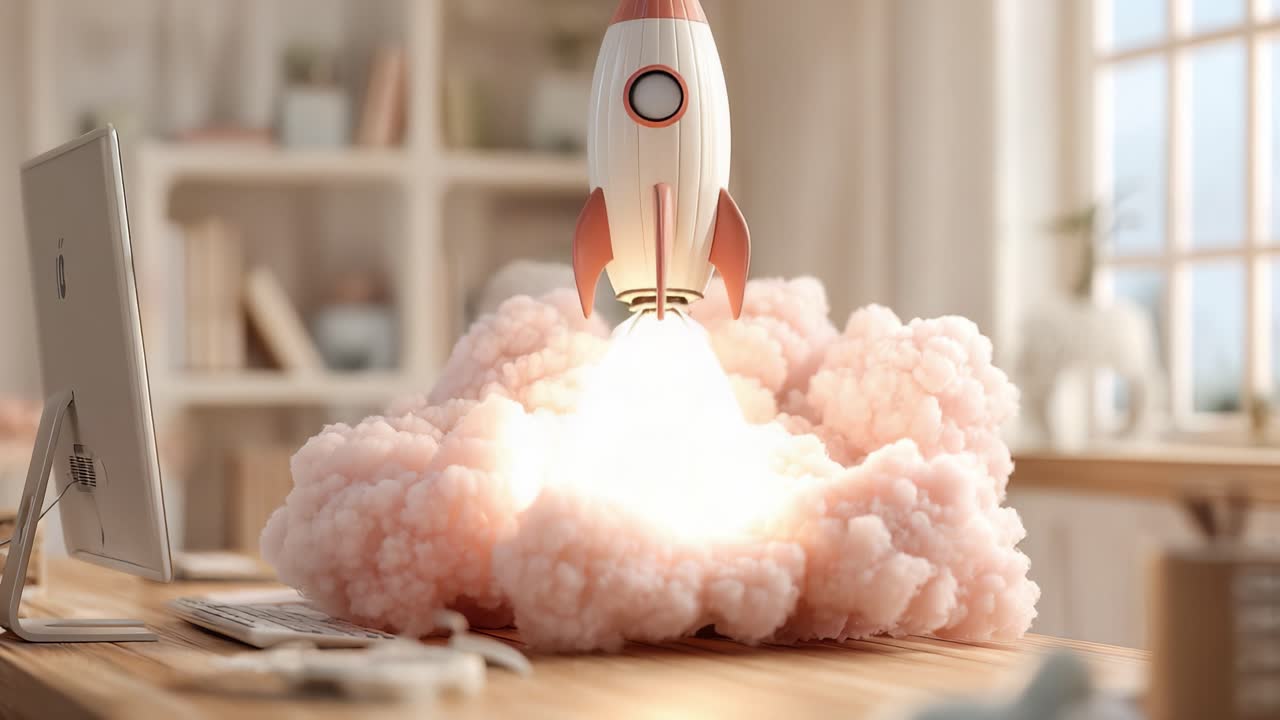 A Charming Rocket Launching from a Desktop Workspace Surrounded by Fluffy Clouds, Symbolizing Creativity and Innovation in a Modern Home Office Setting