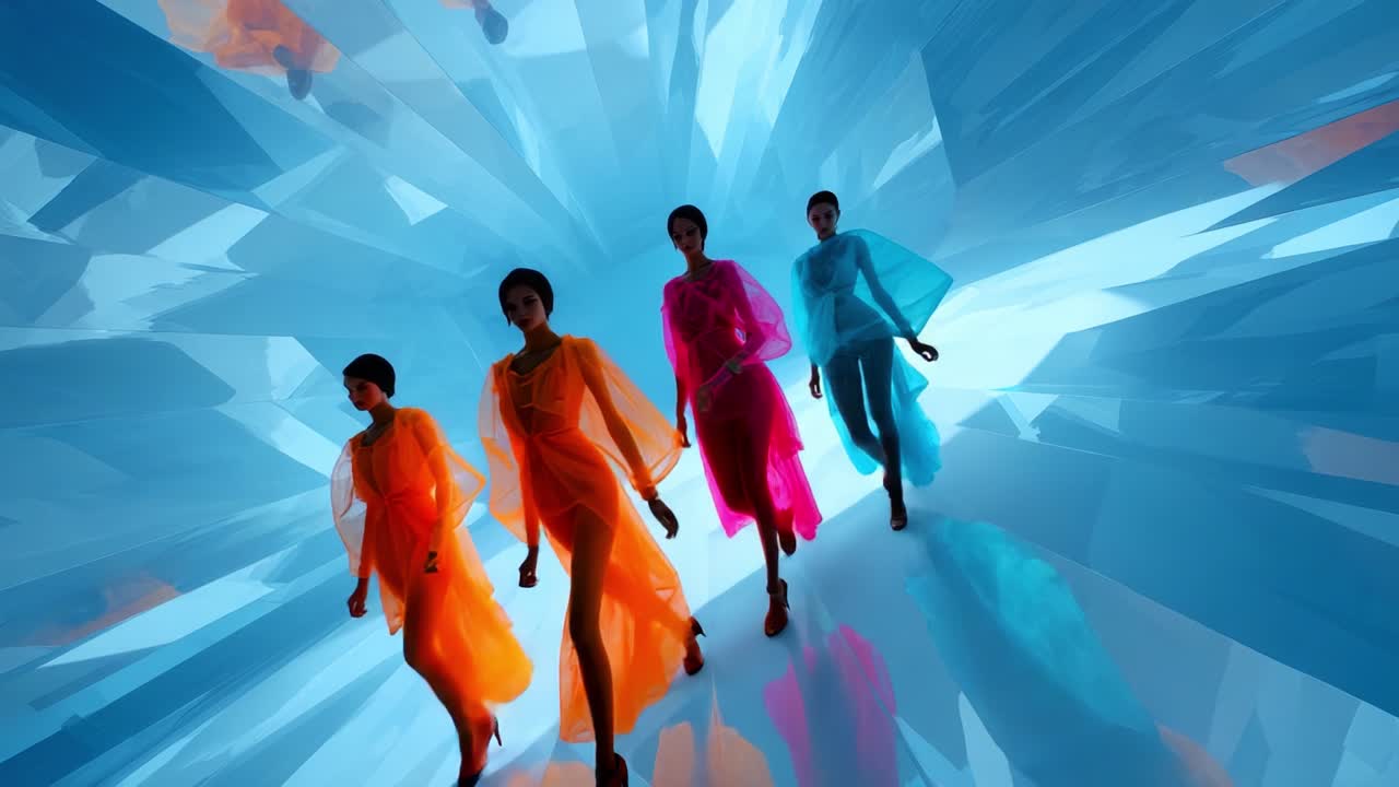 A Mesmerizing Journey Through a Crystal-Like Landscape, Where Figures Dressed in Vibrant Colors Walk Confidently, Showcasing a Unique Blend of Artistry and Digital Innovation in a Stunning Visual Experience