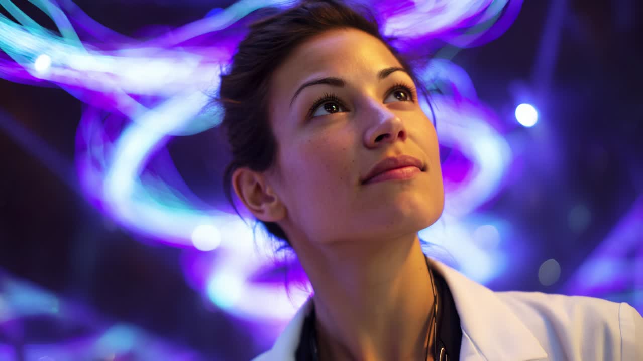 A determined scientist gazes upward, inspired by vibrant swirling lights and abstract visuals, signaling the blend of creativity and technology in modern research environments, promoting innovation and discovery